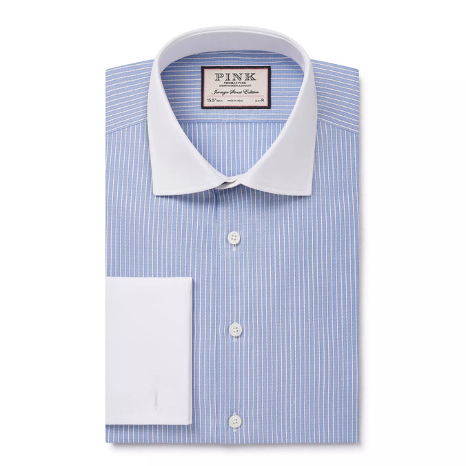 Pale Blue & White Slim Fit Double Cuff Dandy Stripe Formal Shirt