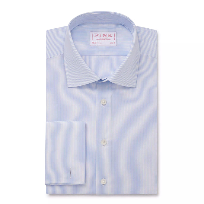 Sapphire Blue & White Slim Fit Double Cuff Panama Thin Stripe Formal Shirt