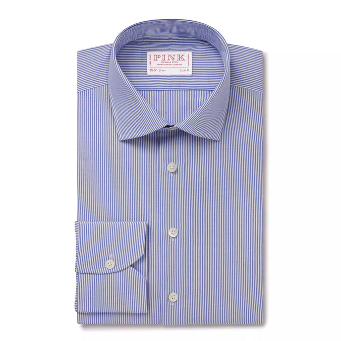 Blue & White Slim Fit Panama Thin Stripe Formal Shirt