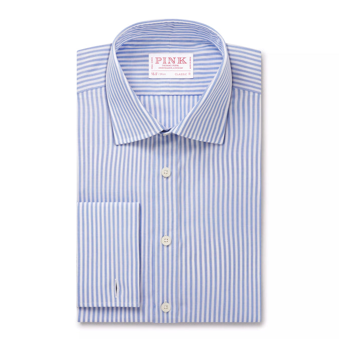 Blue & White Classic Fit Double Cuff Panama Stripe Formal Shirt