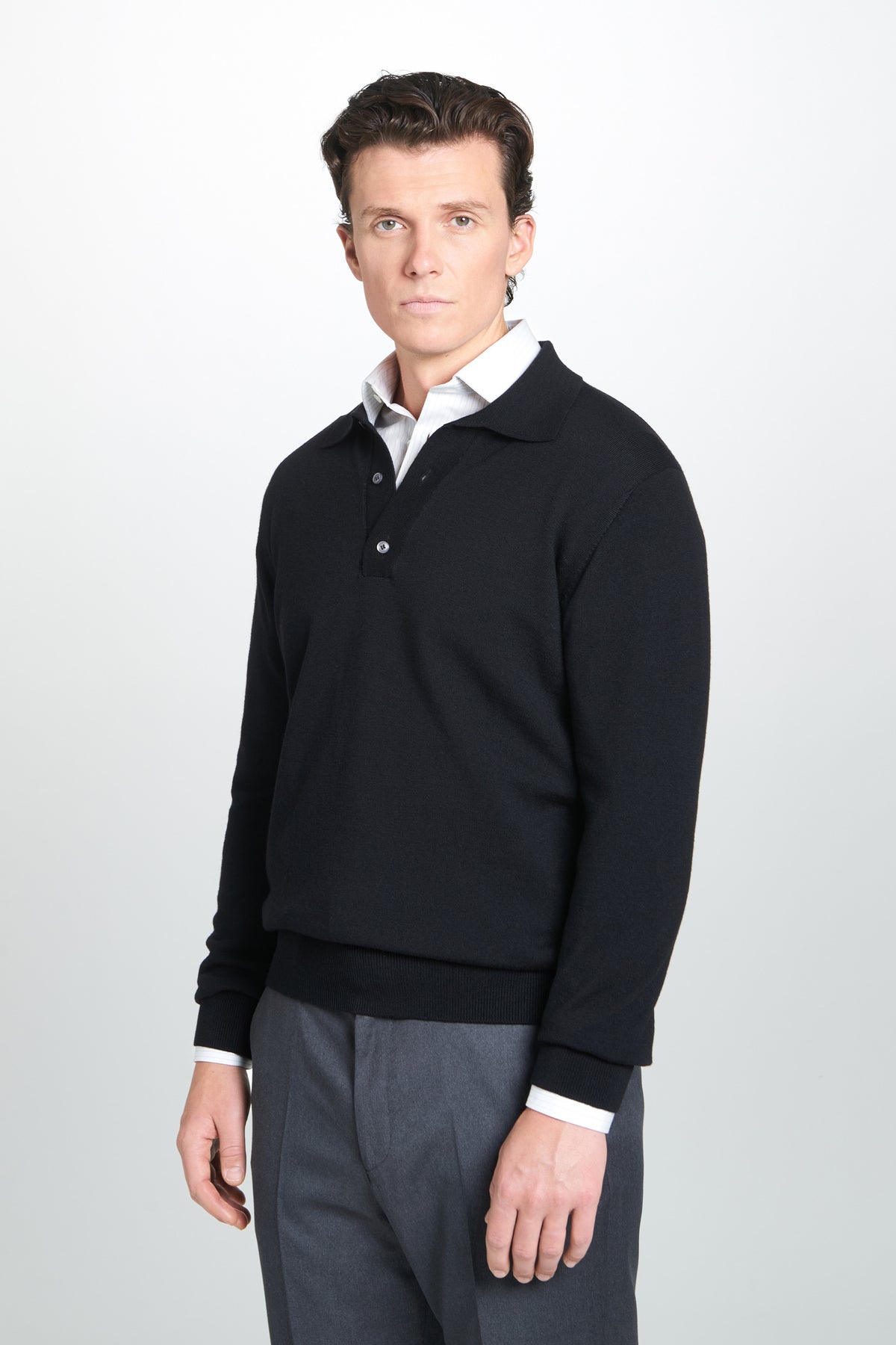 Black Merino Wool Long Sleeve Polo Shirt