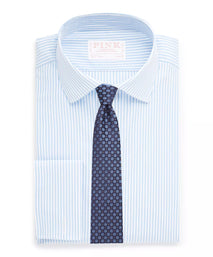 Pale Blue & White Slim Fit Double Cuff Core Poplin Bengal Stripe Formal Shirt