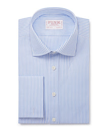 Pale Blue & White Classic Fit Double Cuff Essential Bengal Stripe Formal Shirt