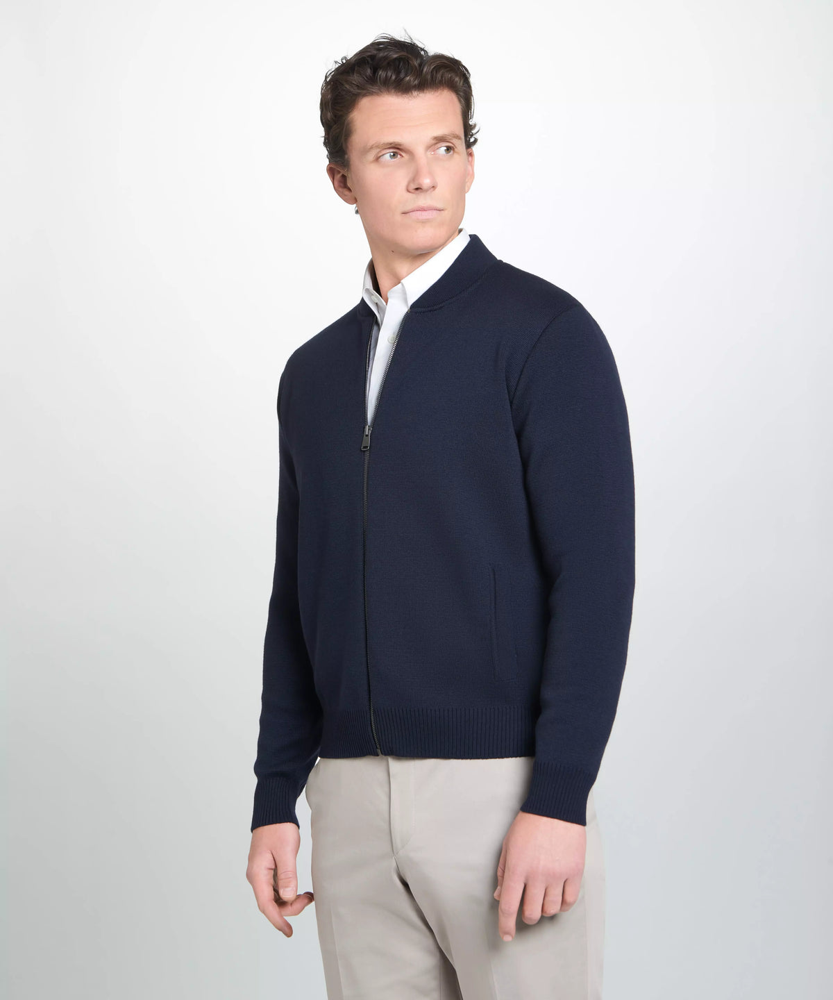 Navy Blue Knitted Merino Wool Zipped Bomber