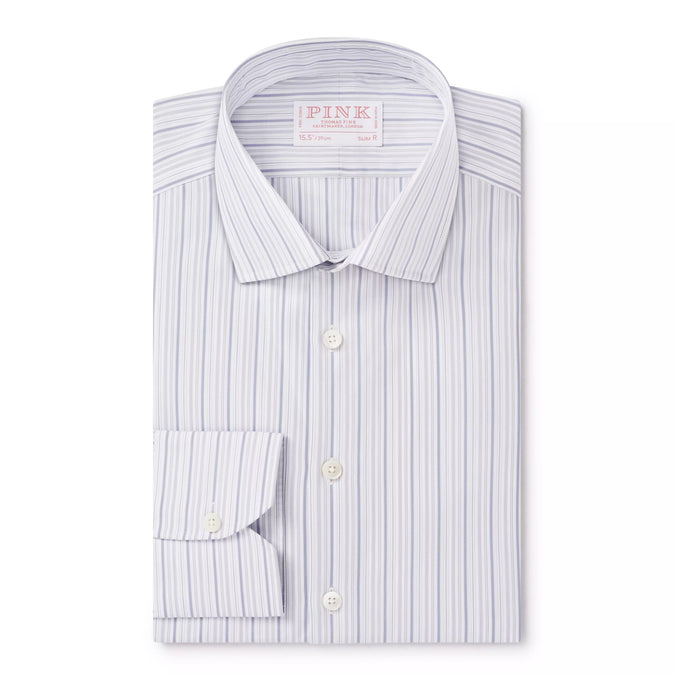 Pale Grey & Blue Slim Fit Supraluxe Multi Stripe Formal Shirt